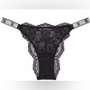 NWT Victoria’s Secret Black Lace Logo shine strap Brazilian panties VS MEDIUM M
